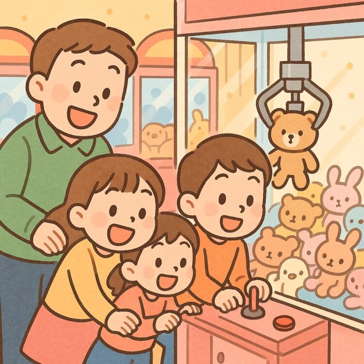 家族でクレーンゲームを楽しむ様子