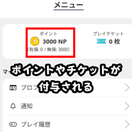 NPまたはチケットが即時付与される